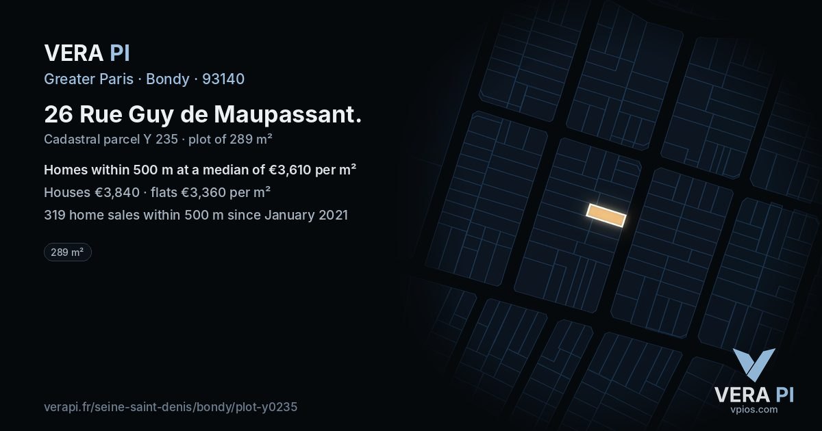 26 Rue Guy de Maupassant, Bondy at night – the plot lit, the parcels around coloured by the prices near them