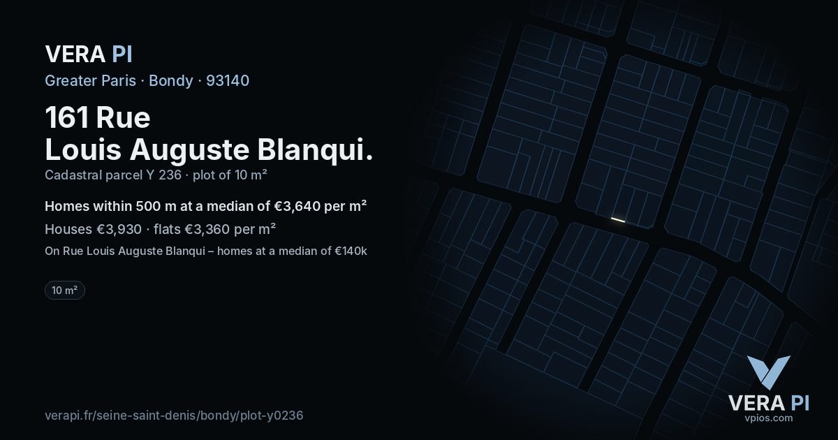 161 Rue Louis Auguste Blanqui, Bondy at night – the plot lit, the parcels around coloured by the prices near them
