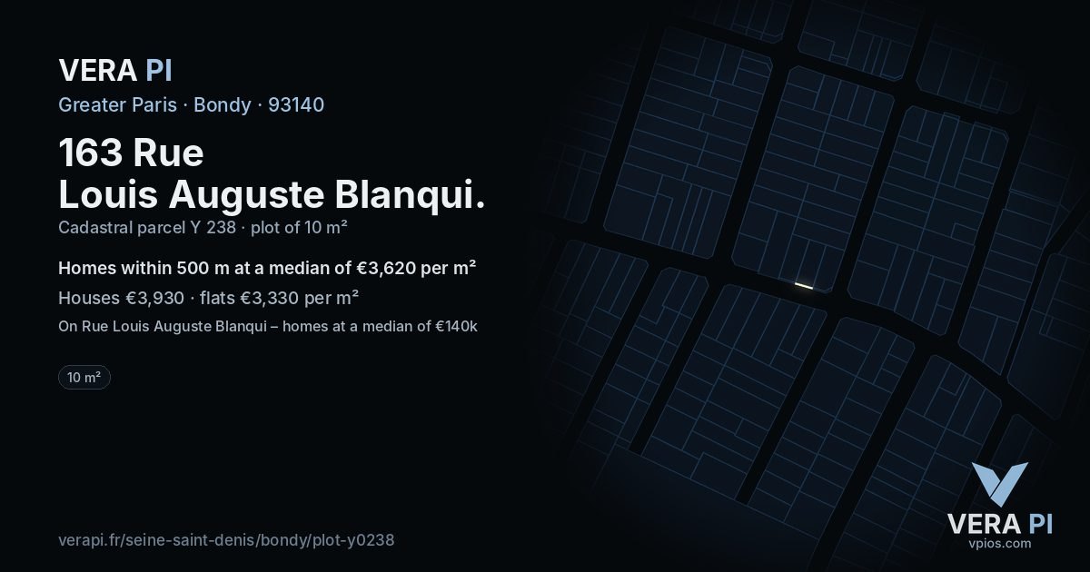 163 Rue Louis Auguste Blanqui, Bondy at night – the plot lit, the parcels around coloured by the prices near them