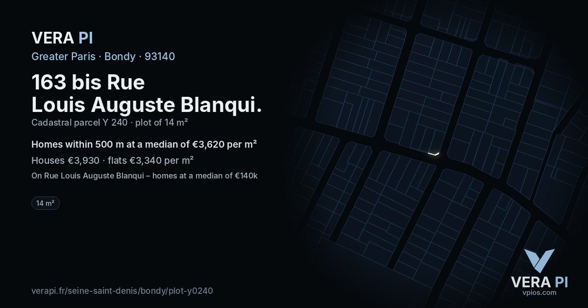 163 bis Rue Louis Auguste Blanqui, Bondy at night – the plot lit, the parcels around coloured by the prices near them