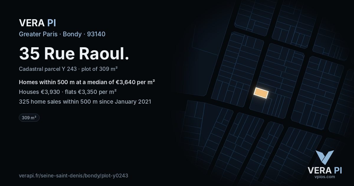 35 Rue Raoul, Bondy at night – the plot lit, the parcels around coloured by the prices near them