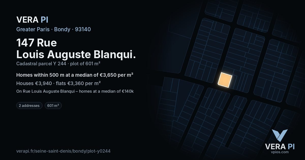 147 Rue Louis Auguste Blanqui, Bondy at night – the plot lit, the parcels around coloured by the prices near them