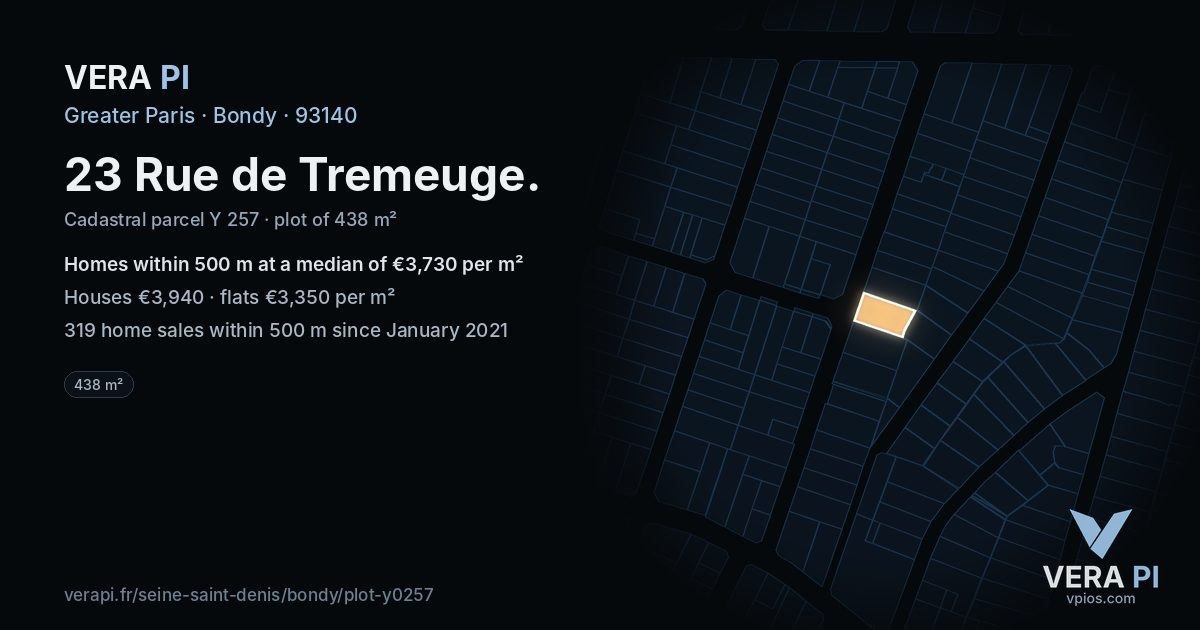 23 Rue de Tremeuge, Bondy at night – the plot lit, the parcels around coloured by the prices near them