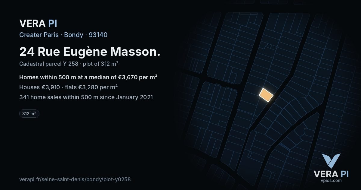 24 Rue Eugène Masson, Bondy at night – the plot lit, the parcels around coloured by the prices near them