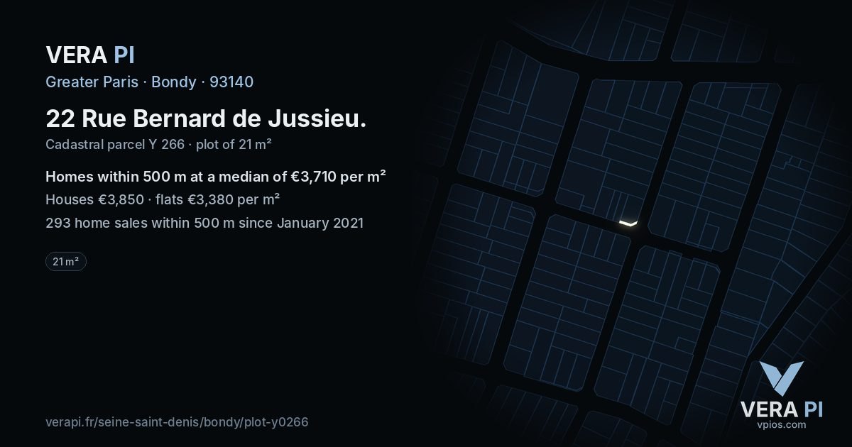 22 Rue Bernard de Jussieu, Bondy at night – the plot lit, the parcels around coloured by the prices near them