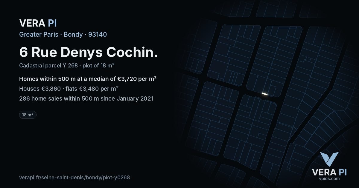 6 Rue Denys Cochin, Bondy at night – the plot lit, the parcels around coloured by the prices near them