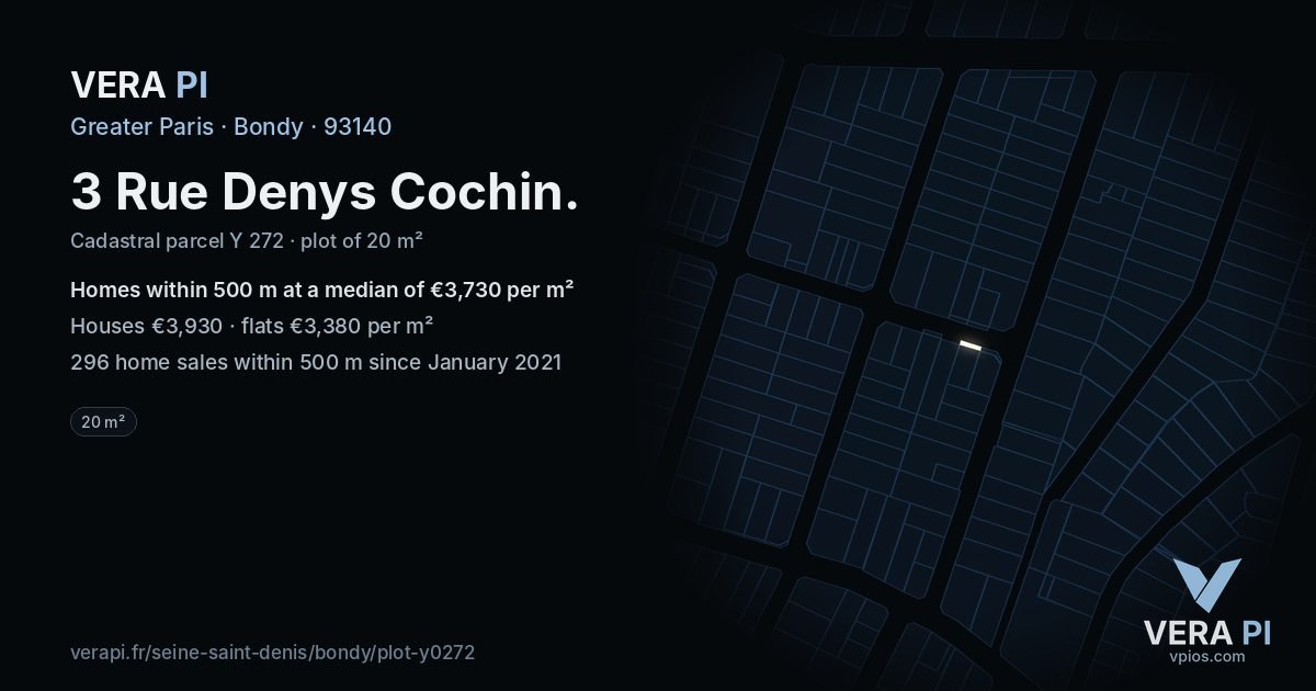 3 Rue Denys Cochin, Bondy at night – the plot lit, the parcels around coloured by the prices near them