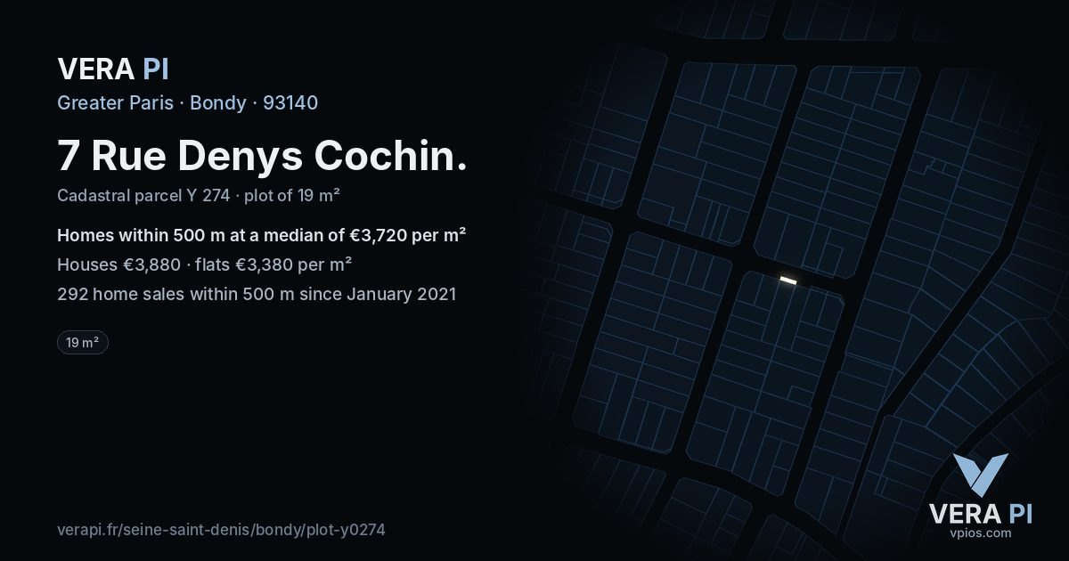 7 Rue Denys Cochin, Bondy at night – the plot lit, the parcels around coloured by the prices near them