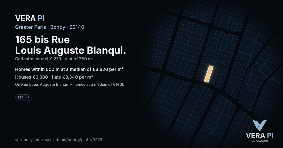 165 bis Rue Louis Auguste Blanqui, Bondy at night – the plot lit, the parcels around coloured by the prices near them