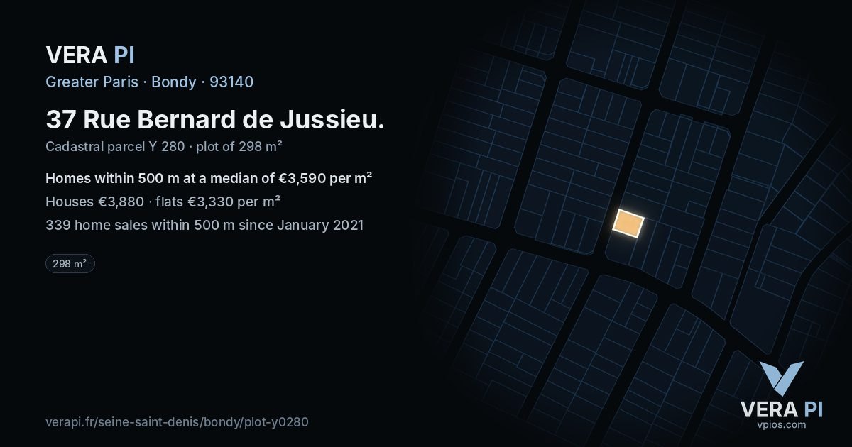 37 Rue Bernard de Jussieu, Bondy at night – the plot lit, the parcels around coloured by the prices near them