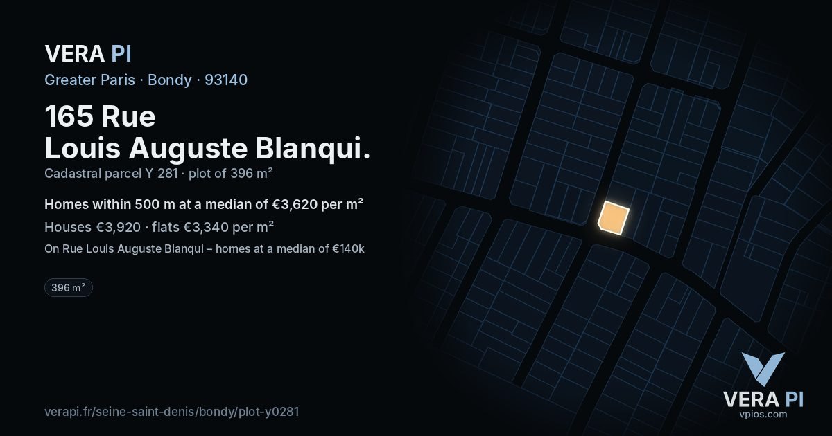 165 Rue Louis Auguste Blanqui, Bondy at night – the plot lit, the parcels around coloured by the prices near them