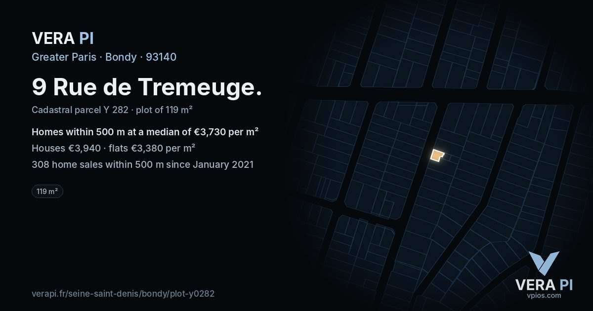 9 Rue de Tremeuge, Bondy at night – the plot lit, the parcels around coloured by the prices near them