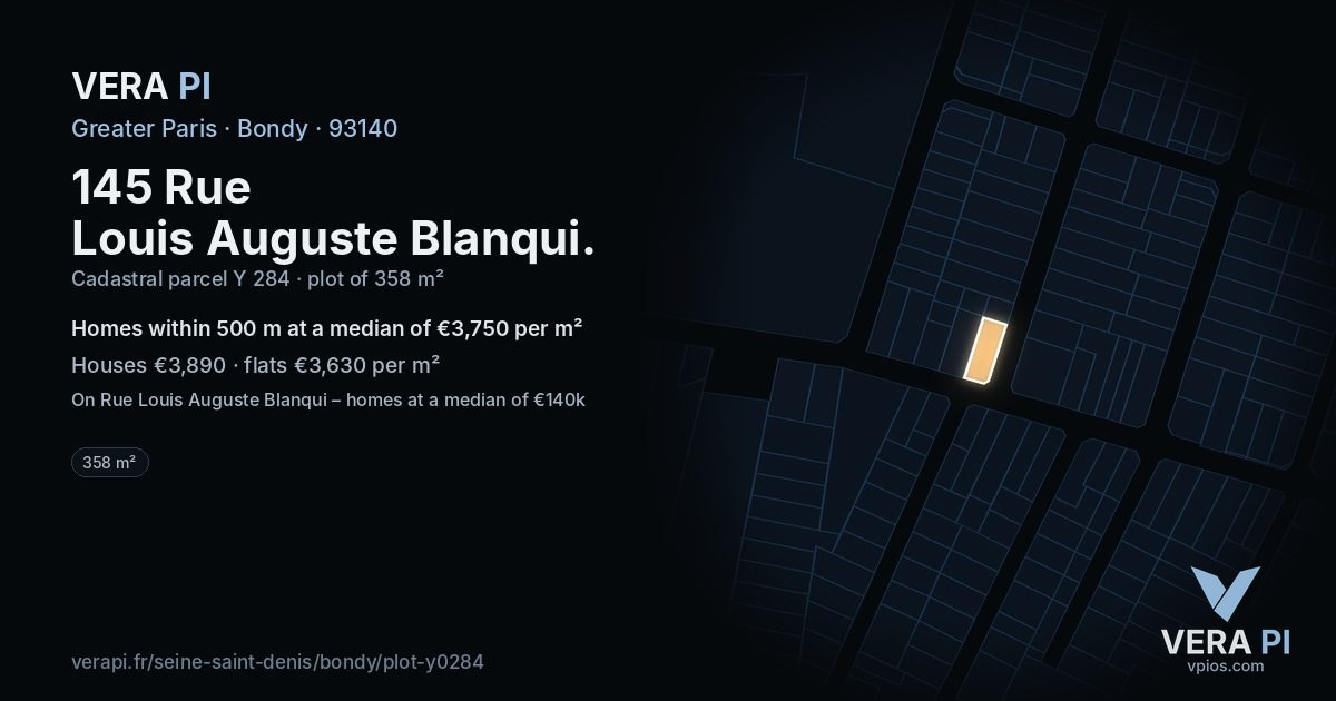 145 Rue Louis Auguste Blanqui, Bondy at night – the plot lit, the parcels around coloured by the prices near them