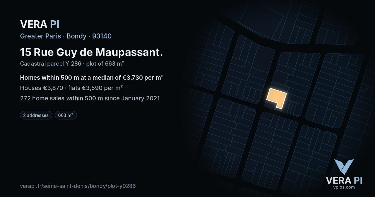 15 Rue Guy de Maupassant, Bondy at night – the plot lit, the parcels around coloured by the prices near them