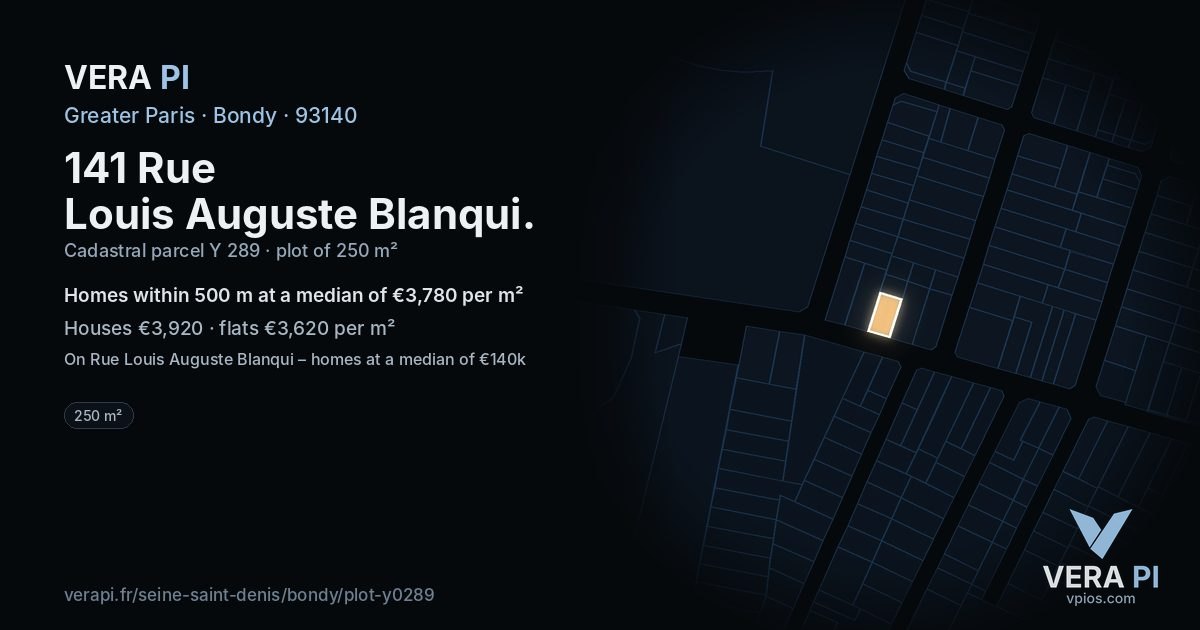 141 Rue Louis Auguste Blanqui, Bondy at night – the plot lit, the parcels around coloured by the prices near them