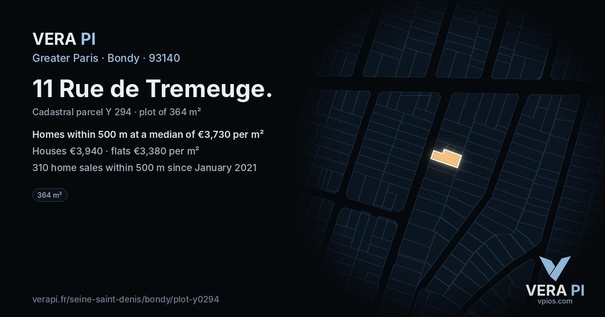 11 Rue de Tremeuge, Bondy at night – the plot lit, the parcels around coloured by the prices near them