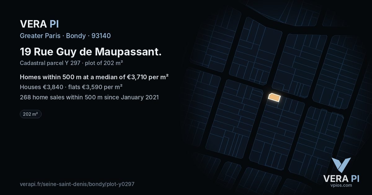 19 Rue Guy de Maupassant, Bondy at night – the plot lit, the parcels around coloured by the prices near them