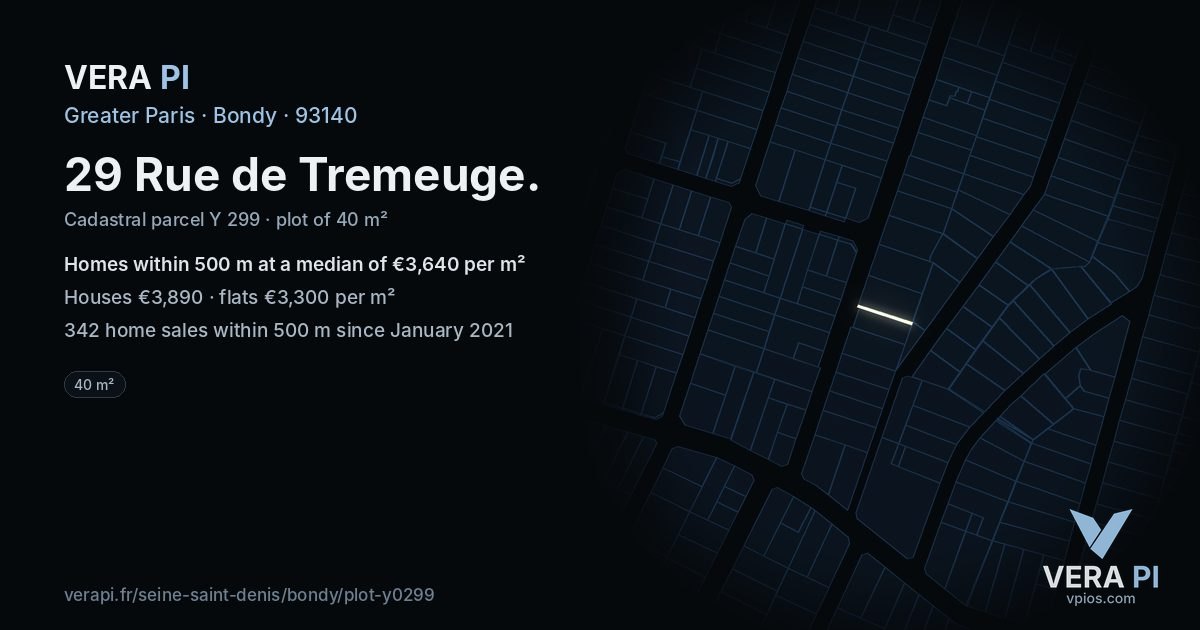 29 Rue de Tremeuge, Bondy at night – the plot lit, the parcels around coloured by the prices near them