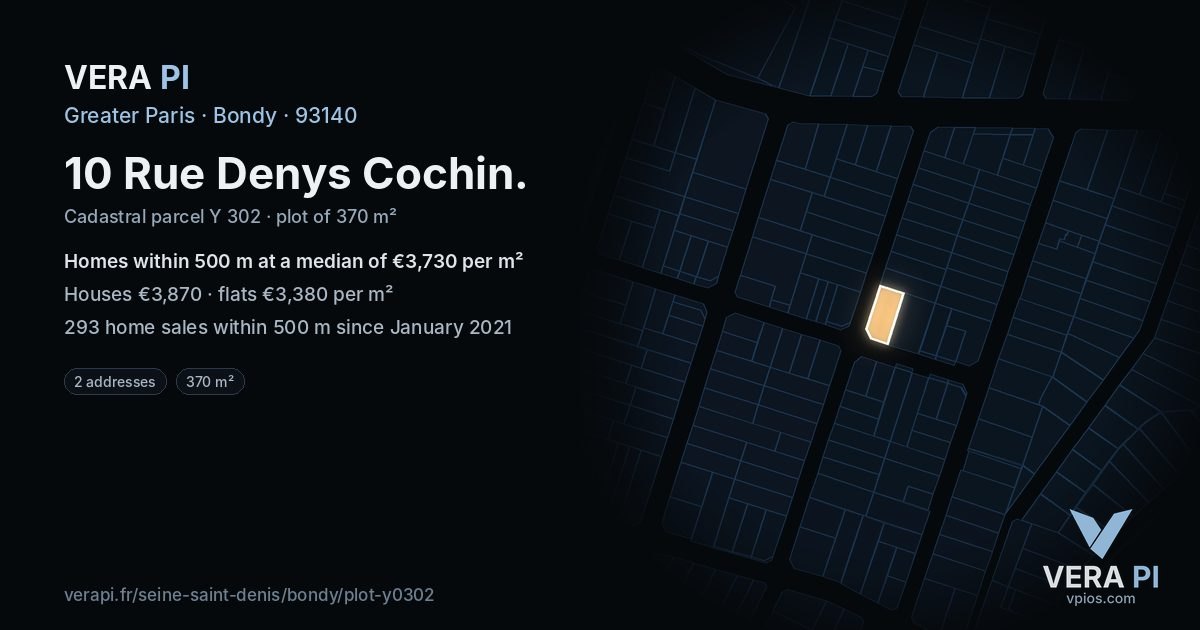 10 Rue Denys Cochin, Bondy at night – the plot lit, the parcels around coloured by the prices near them