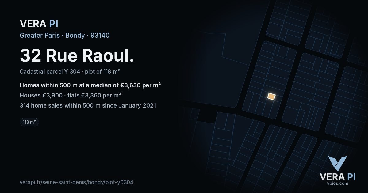 32 Rue Raoul, Bondy at night – the plot lit, the parcels around coloured by the prices near them