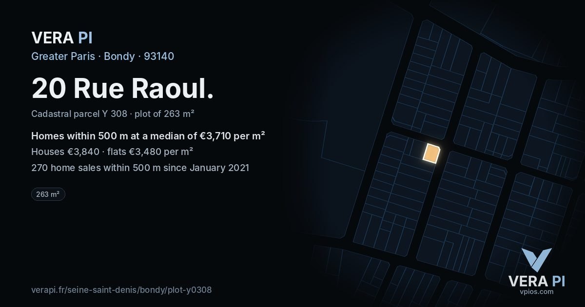 20 Rue Raoul, Bondy at night – the plot lit, the parcels around coloured by the prices near them
