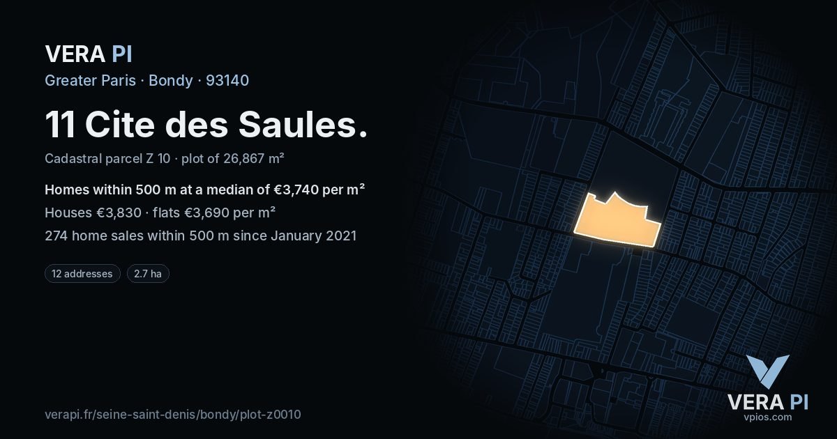 11 Cite des Saules, Bondy at night – the plot lit, the parcels around coloured by the prices near them