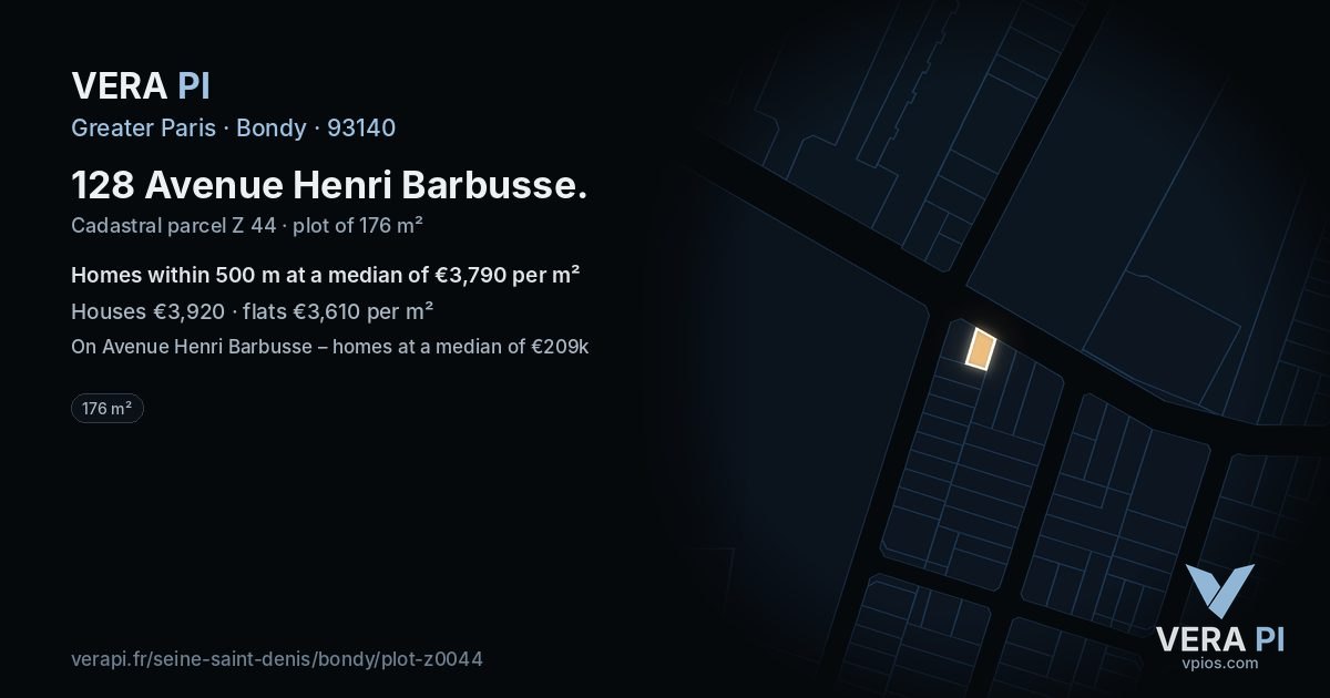 128 Avenue Henri Barbusse, Bondy at night – the plot lit, the parcels around coloured by the prices near them