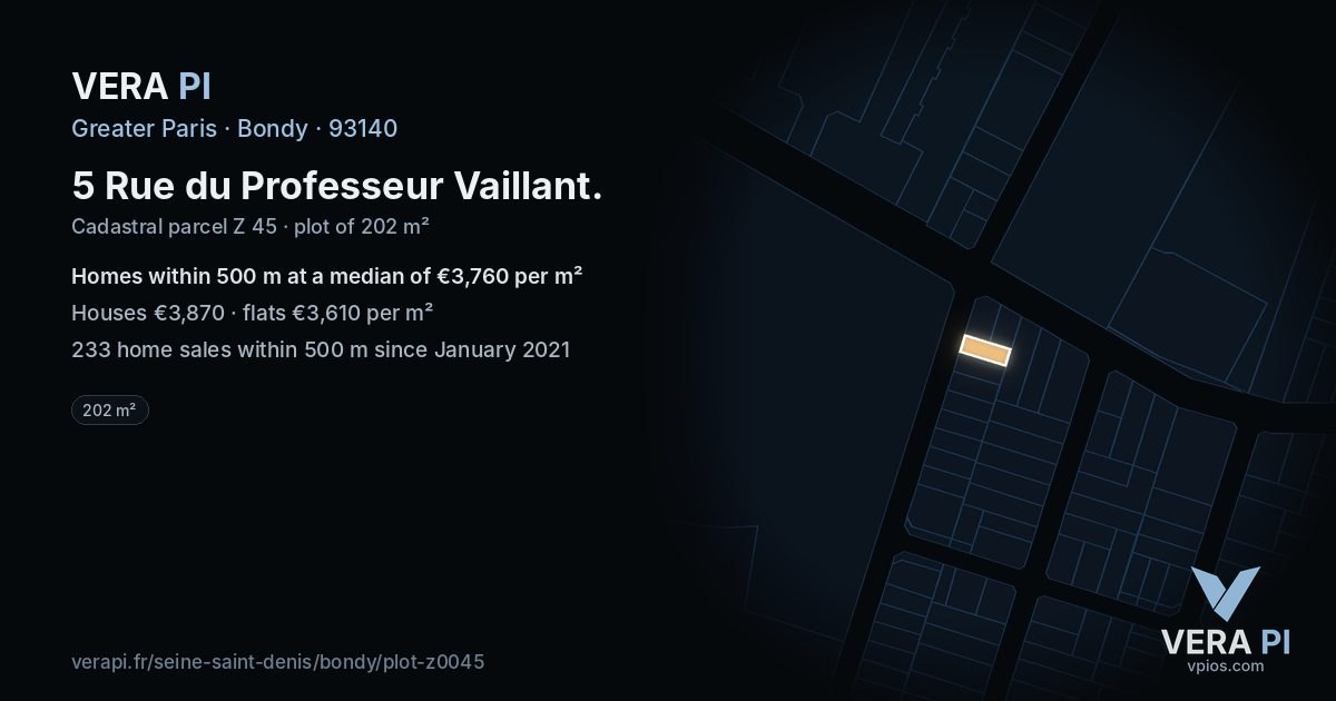 5 Rue du Professeur Vaillant, Bondy at night – the plot lit, the parcels around coloured by the prices near them