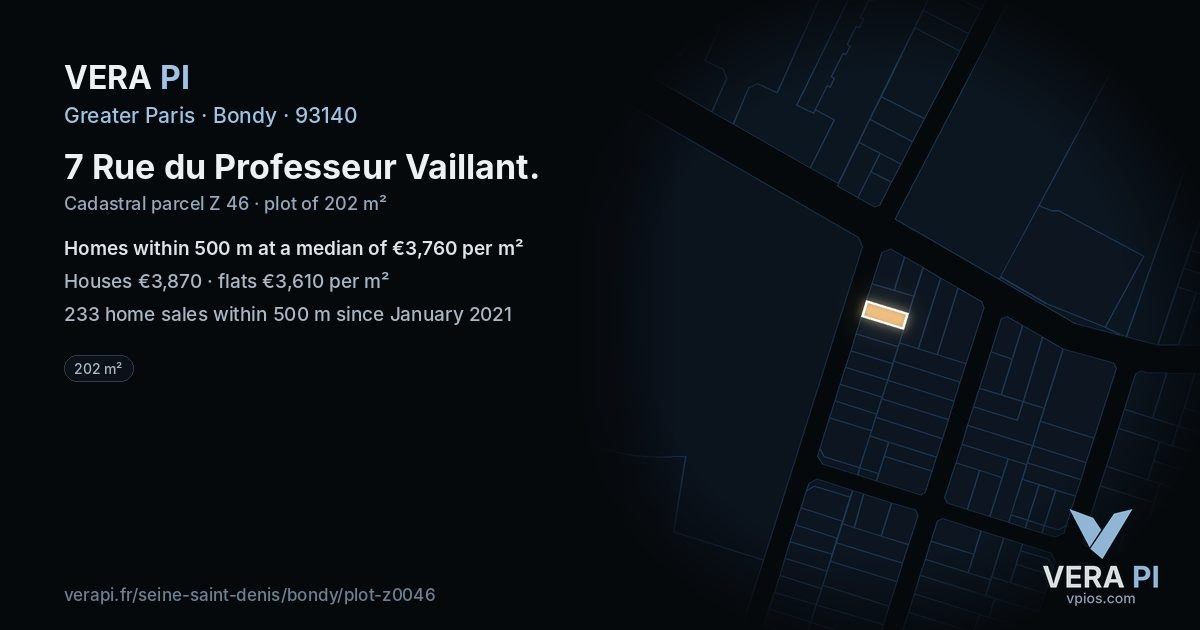 7 Rue du Professeur Vaillant, Bondy at night – the plot lit, the parcels around coloured by the prices near them