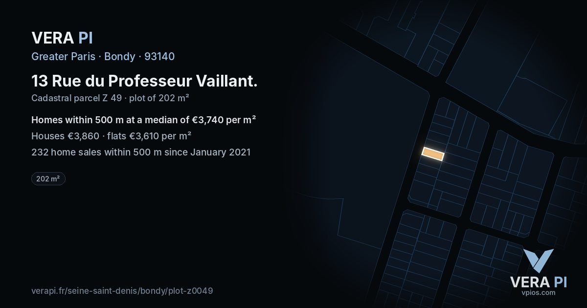 13 Rue du Professeur Vaillant, Bondy at night – the plot lit, the parcels around coloured by the prices near them