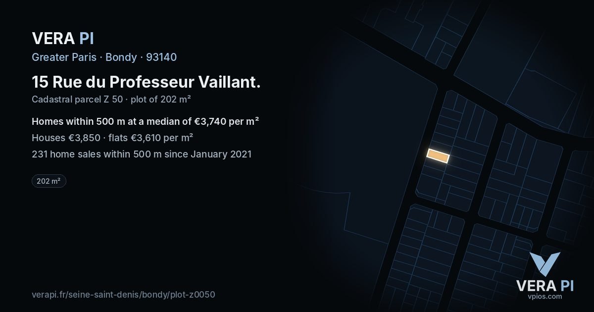 15 Rue du Professeur Vaillant, Bondy at night – the plot lit, the parcels around coloured by the prices near them