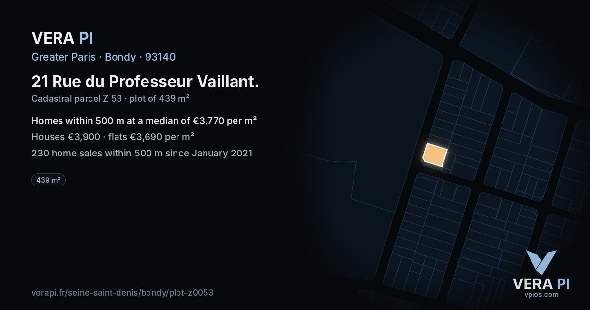 21 Rue du Professeur Vaillant, Bondy at night – the plot lit, the parcels around coloured by the prices near them
