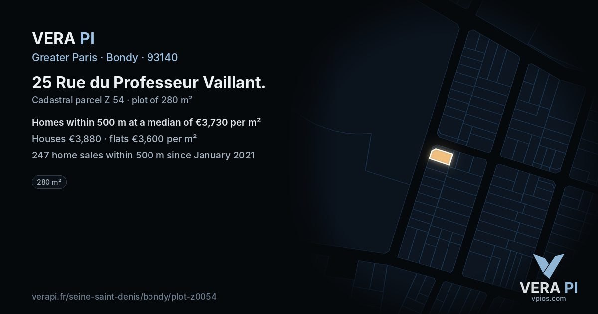 25 Rue du Professeur Vaillant, Bondy at night – the plot lit, the parcels around coloured by the prices near them