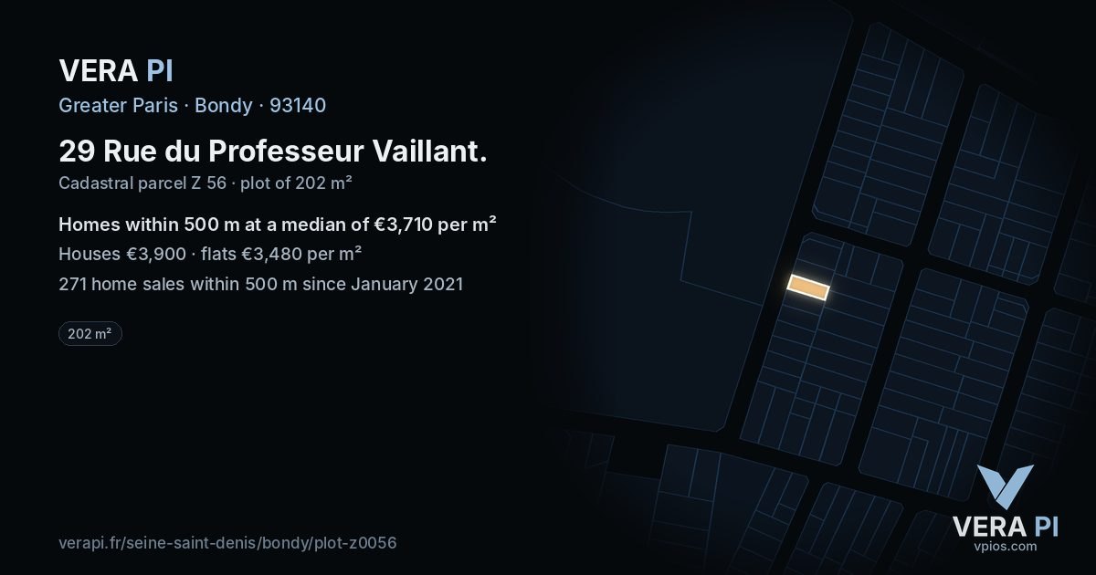29 Rue du Professeur Vaillant, Bondy at night – the plot lit, the parcels around coloured by the prices near them