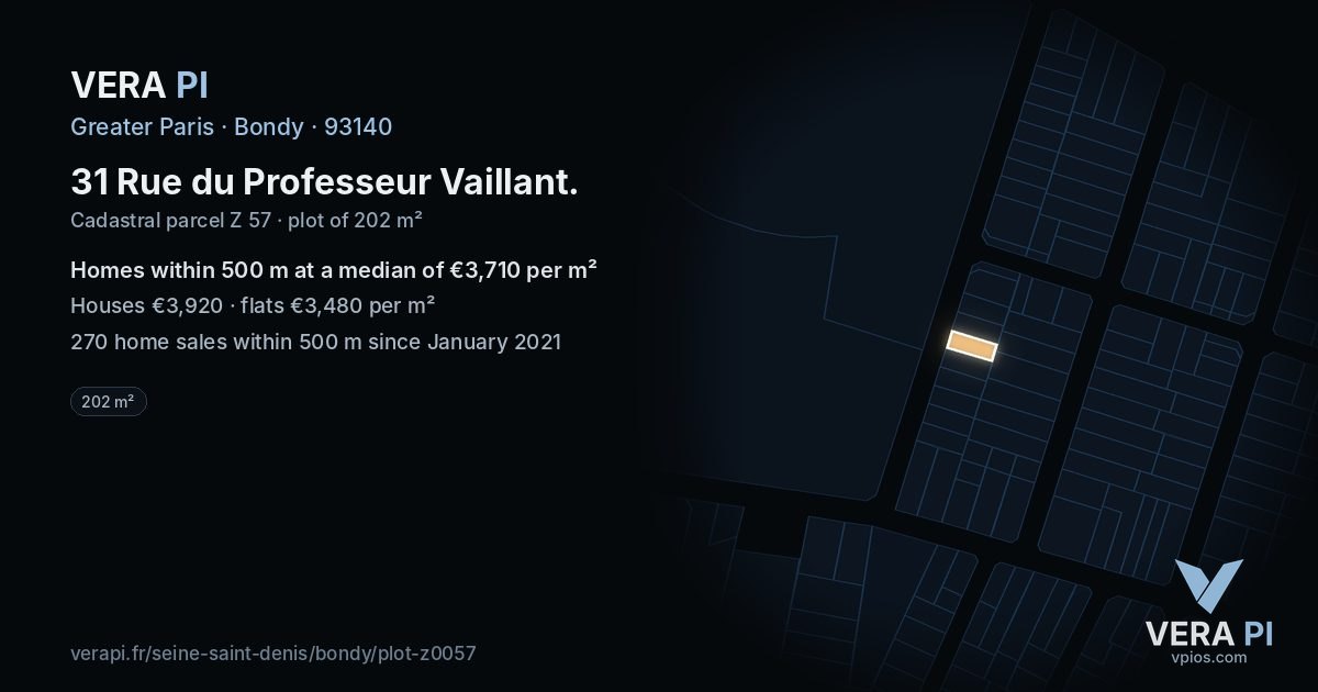 31 Rue du Professeur Vaillant, Bondy at night – the plot lit, the parcels around coloured by the prices near them