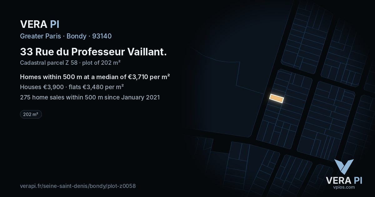 33 Rue du Professeur Vaillant, Bondy at night – the plot lit, the parcels around coloured by the prices near them