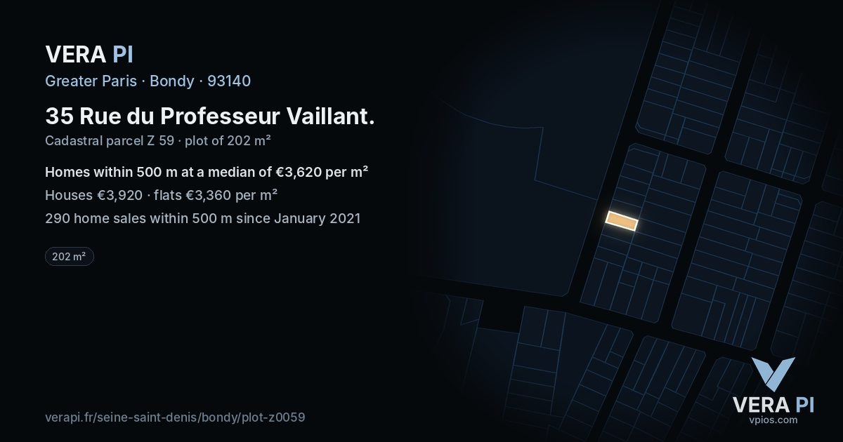 35 Rue du Professeur Vaillant, Bondy at night – the plot lit, the parcels around coloured by the prices near them