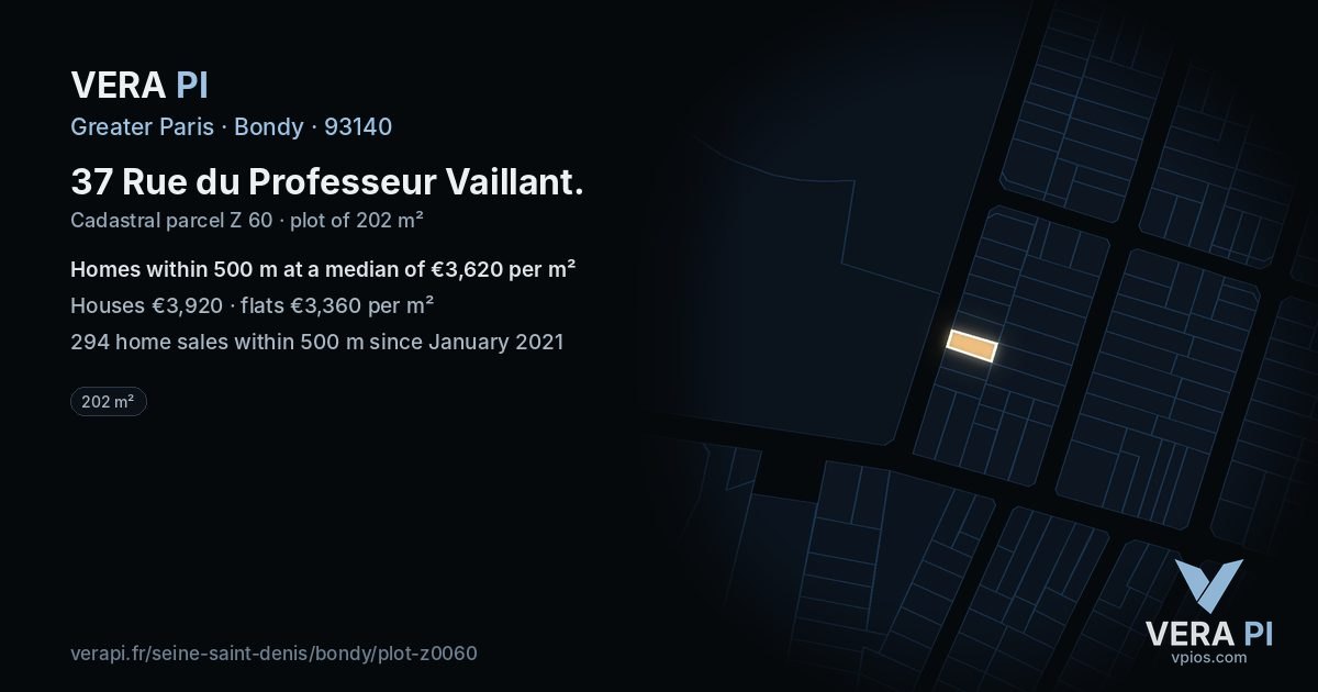37 Rue du Professeur Vaillant, Bondy at night – the plot lit, the parcels around coloured by the prices near them