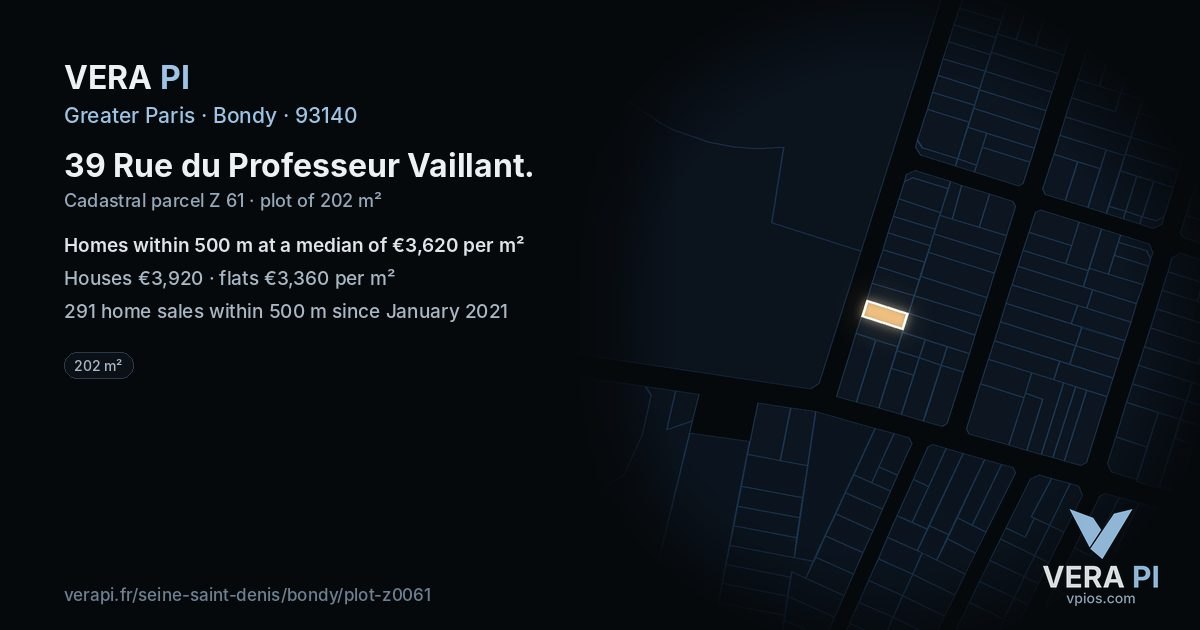 39 Rue du Professeur Vaillant, Bondy at night – the plot lit, the parcels around coloured by the prices near them
