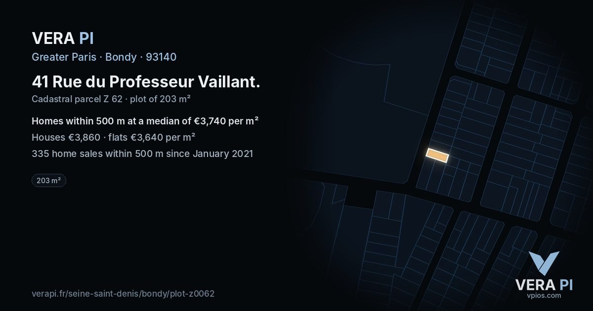 41 Rue du Professeur Vaillant, Bondy at night – the plot lit, the parcels around coloured by the prices near them
