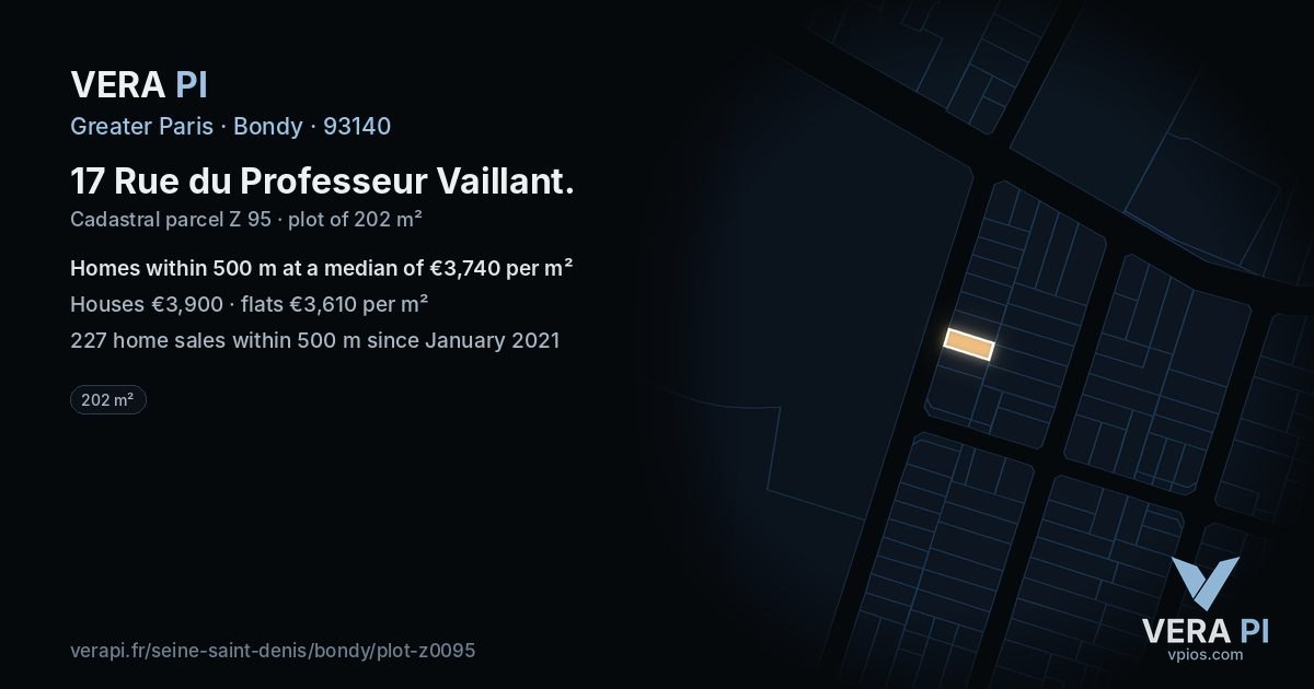17 Rue du Professeur Vaillant, Bondy at night – the plot lit, the parcels around coloured by the prices near them