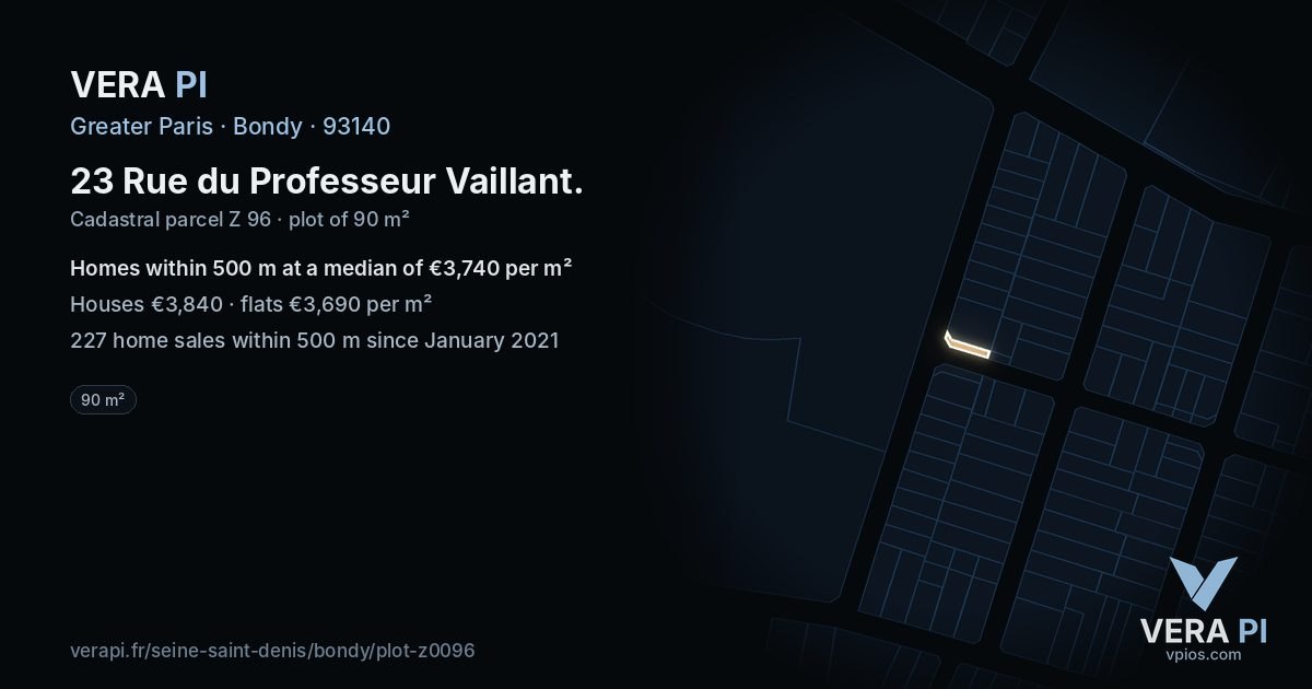 23 Rue du Professeur Vaillant, Bondy at night – the plot lit, the parcels around coloured by the prices near them