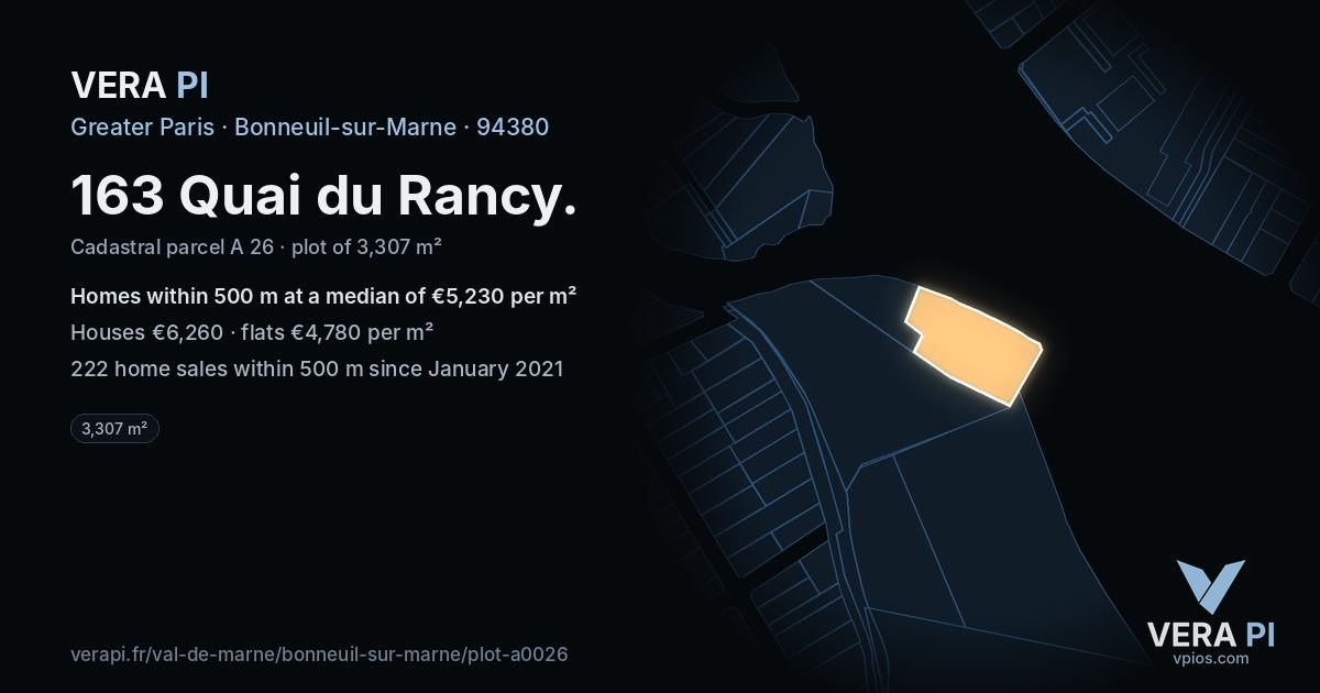 163 Quai du Rancy, Bonneuil-sur-Marne at night – the plot lit, the parcels around coloured by the prices near them