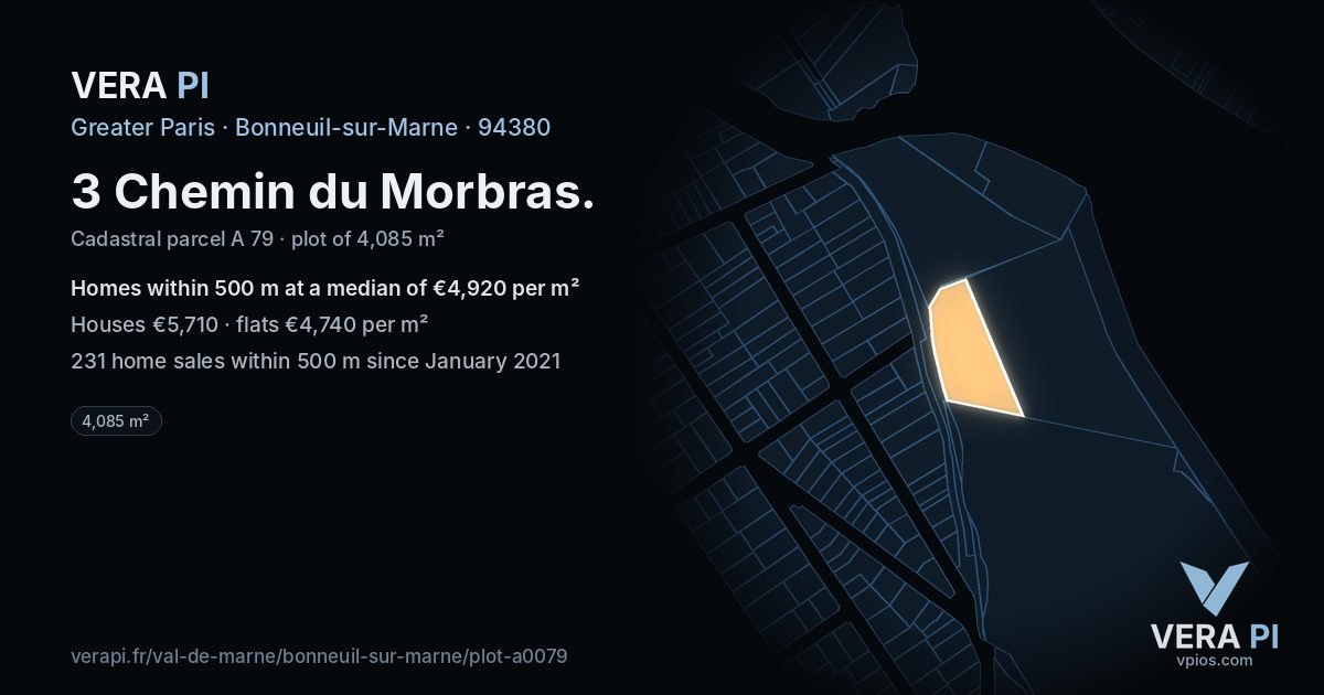 3 Chemin du Morbras, Bonneuil-sur-Marne at night – the plot lit, the parcels around coloured by the prices near them