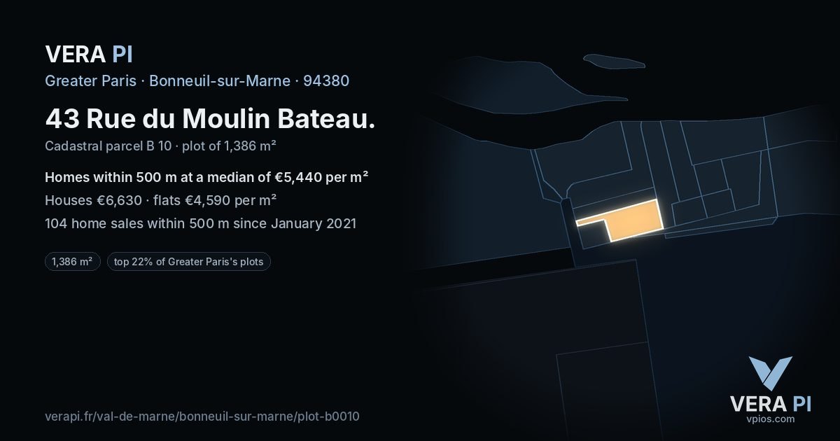 43 Rue du Moulin Bateau, Bonneuil-sur-Marne at night – the plot lit, the parcels around coloured by the prices near them