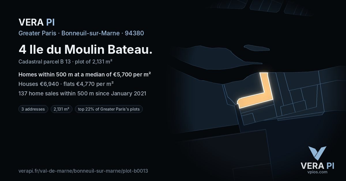 4 Ile du Moulin Bateau, Bonneuil-sur-Marne at night – the plot lit, the parcels around coloured by the prices near them
