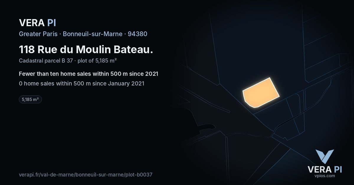 118 Rue du Moulin Bateau, Bonneuil-sur-Marne at night – the plot lit, the parcels around coloured by the prices near them