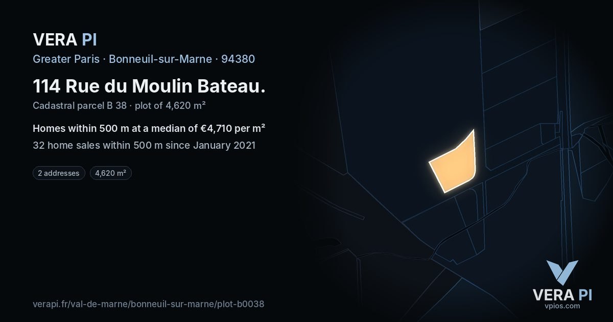 114 Rue du Moulin Bateau, Bonneuil-sur-Marne at night – the plot lit, the parcels around coloured by the prices near them