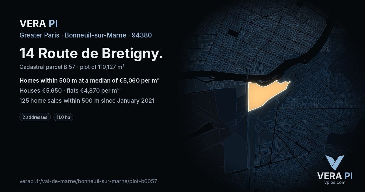 14 Route de Bretigny, Bonneuil-sur-Marne at night – the plot lit, the parcels around coloured by the prices near them