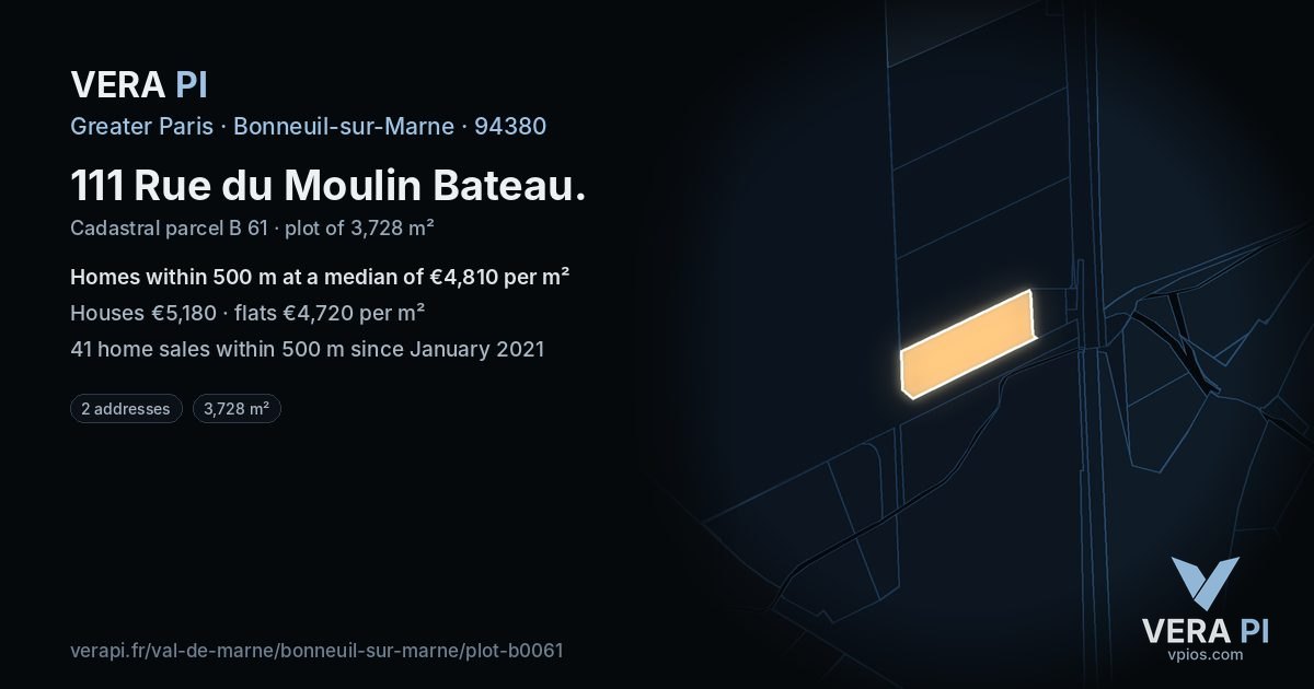 111 Rue du Moulin Bateau, Bonneuil-sur-Marne at night – the plot lit, the parcels around coloured by the prices near them